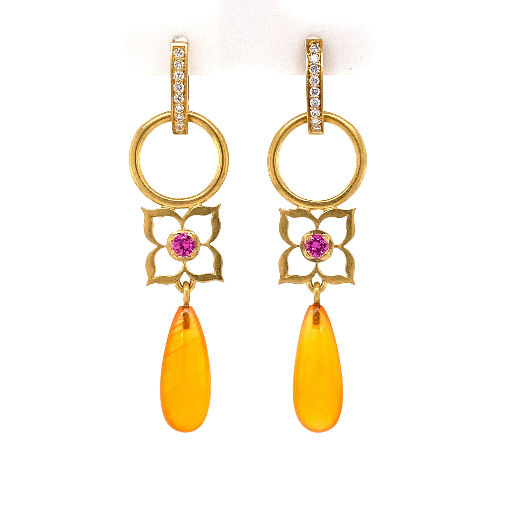 Pink Sapphire Flowers with Orange Chalcedony drops